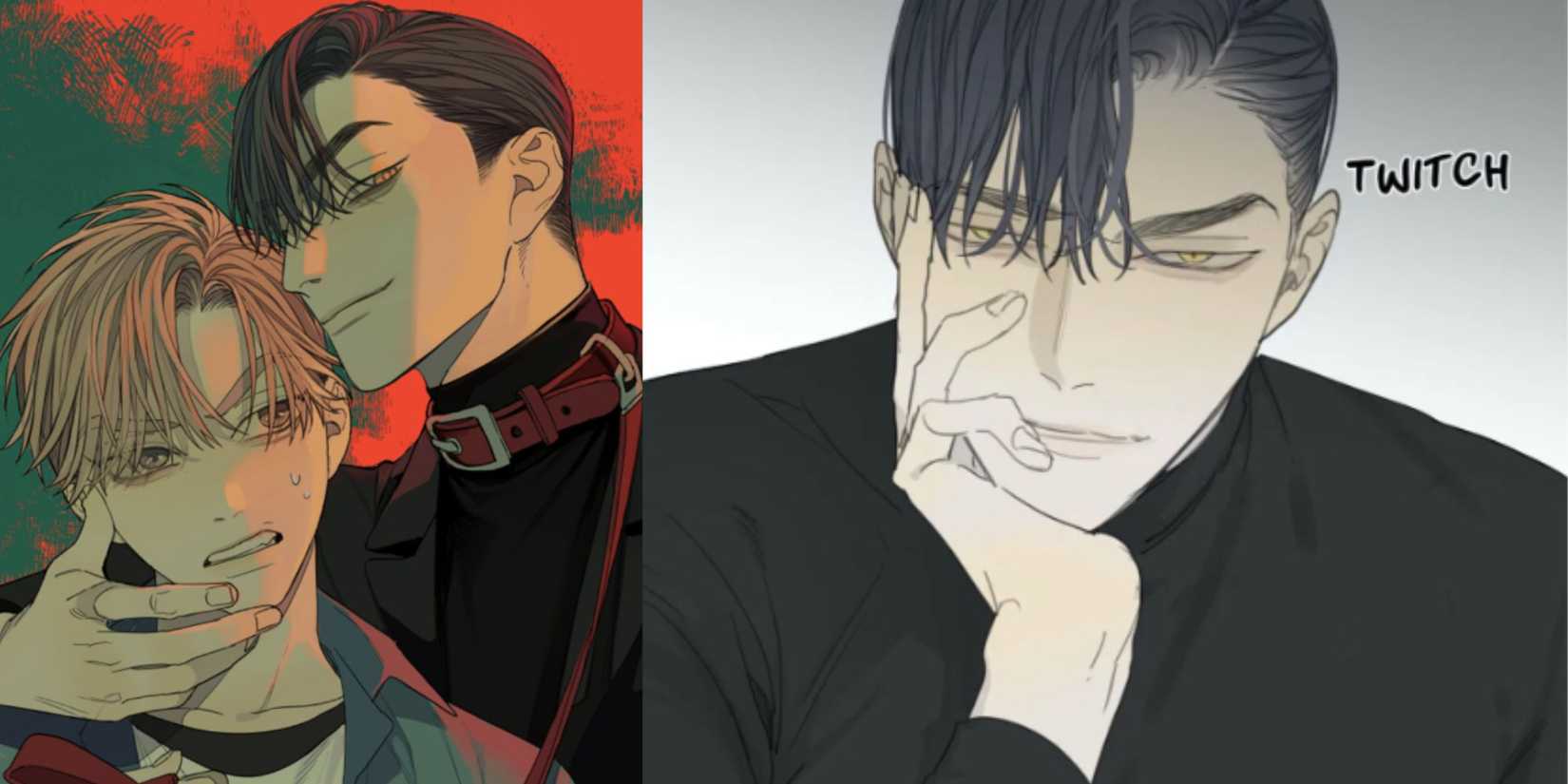 a man in a collar holds the face on a blonde man.  A man with black hair leans on his hand.