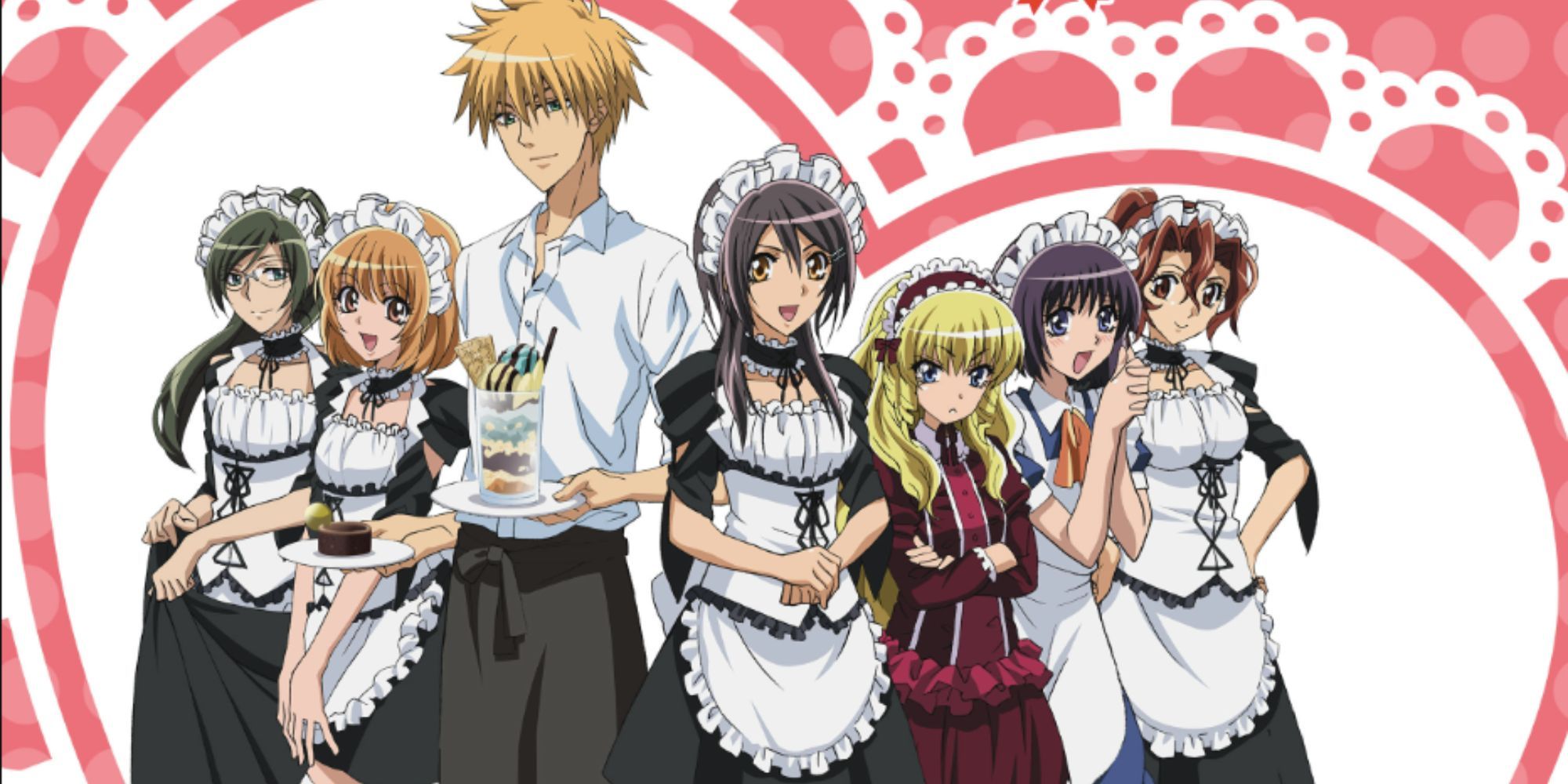 five maids stand with a tall blonde haired boy and a short loli girl