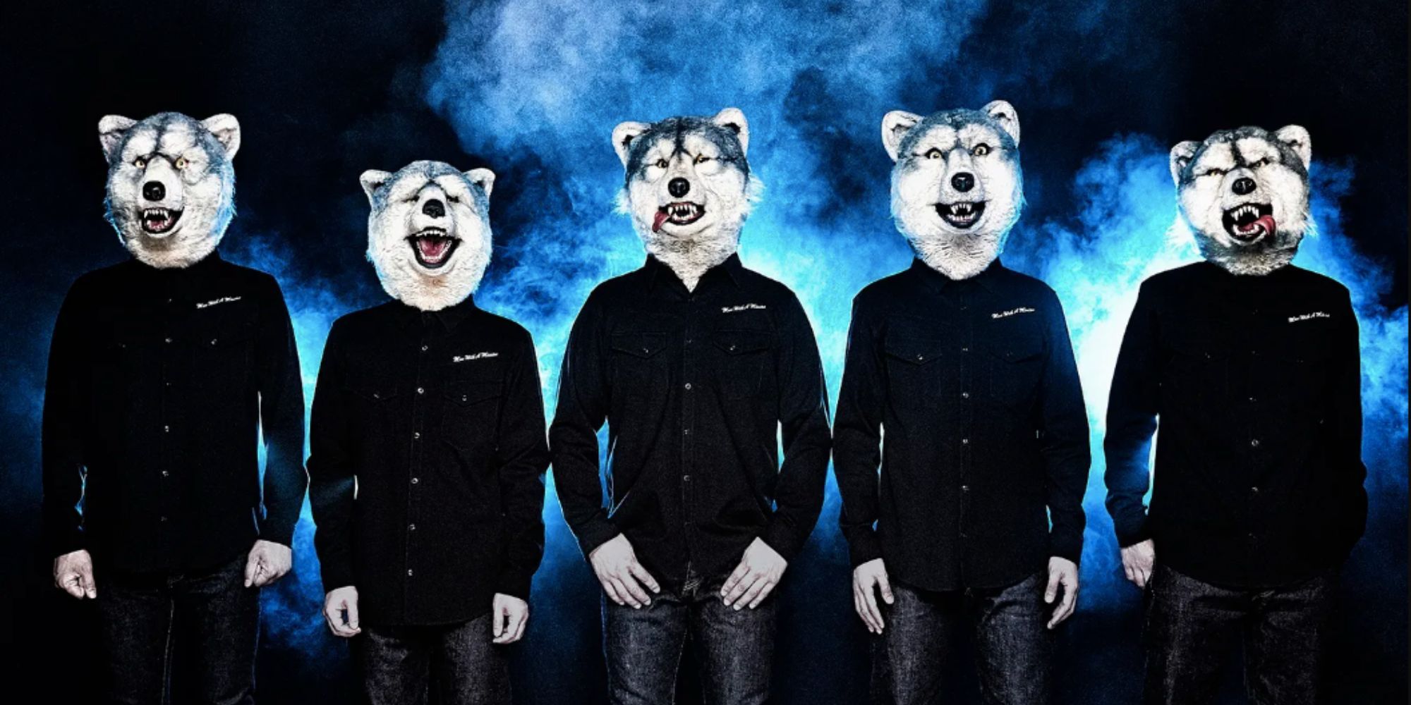 five people stand wearing wolf heads