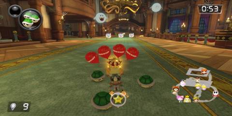 Isabella wearing a crown, riding a bike in a mansion, surrounded by three green shells, and four red balloons are attached