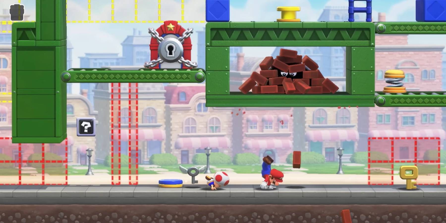 Mario y Toad caminando a mano en Mario vs. Donkey Kong