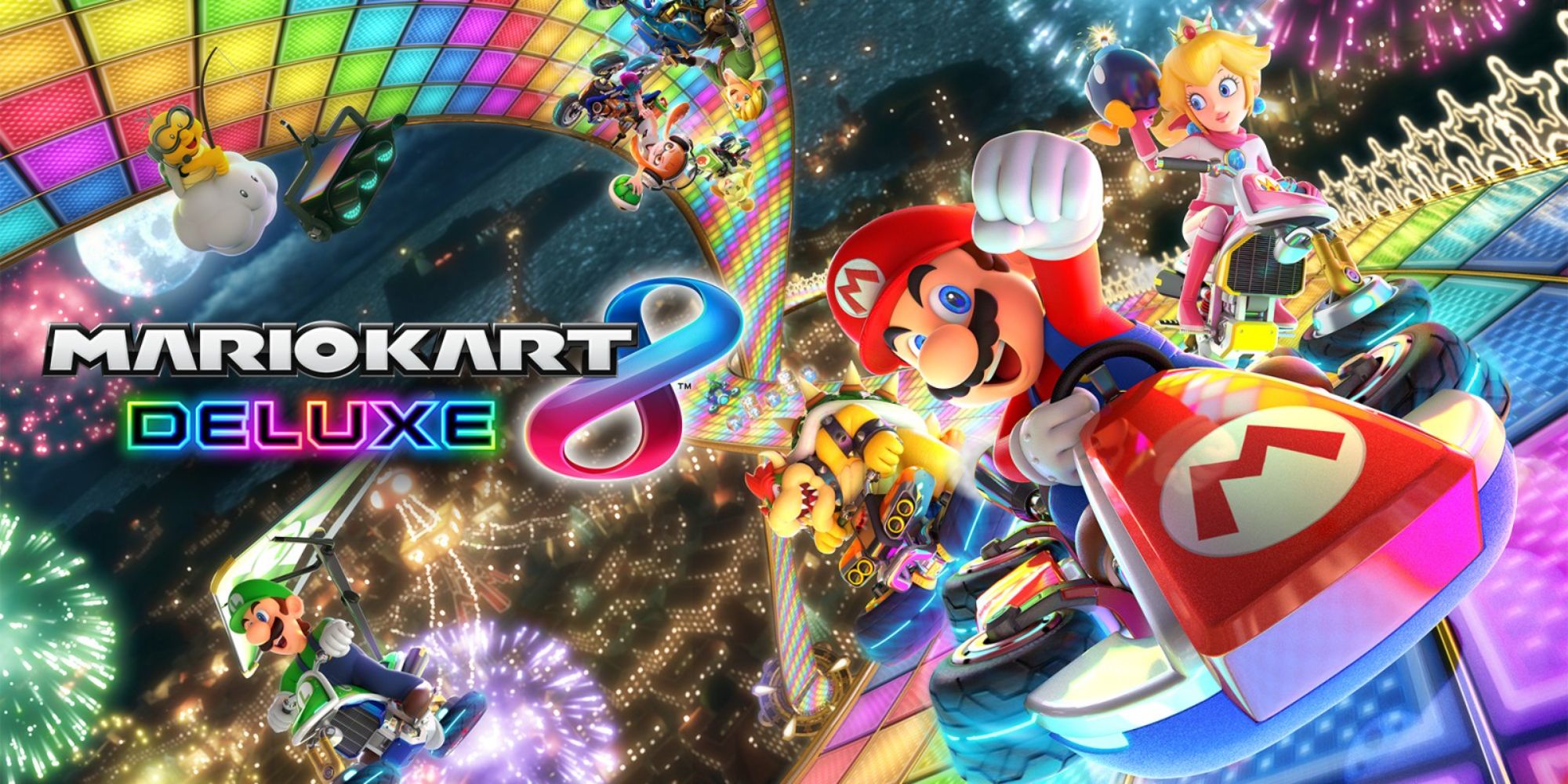 Mario Kart 8 Deluxe Poster, with the title to the left and Mario and Peach in their cars on rainbow road