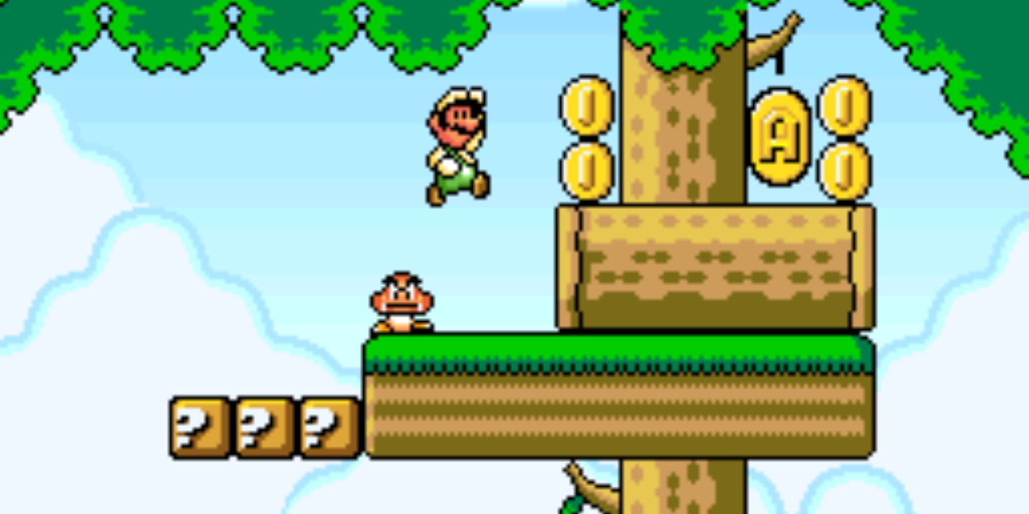 Luigi hopping over a Goomba in a forest