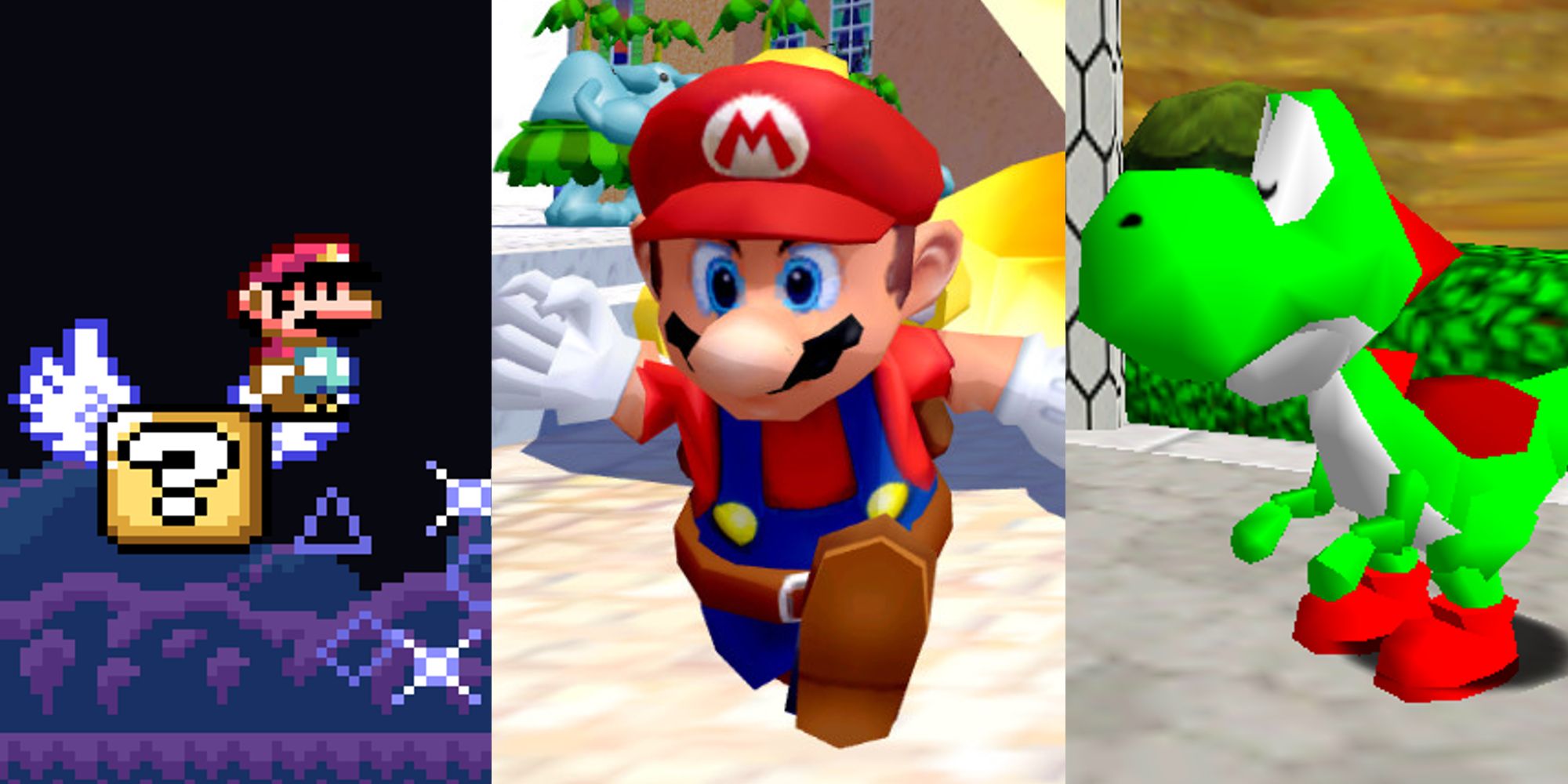 Mario standing on a floating ? block; Mario running with FLUDD; Yoshi with his eyes closed