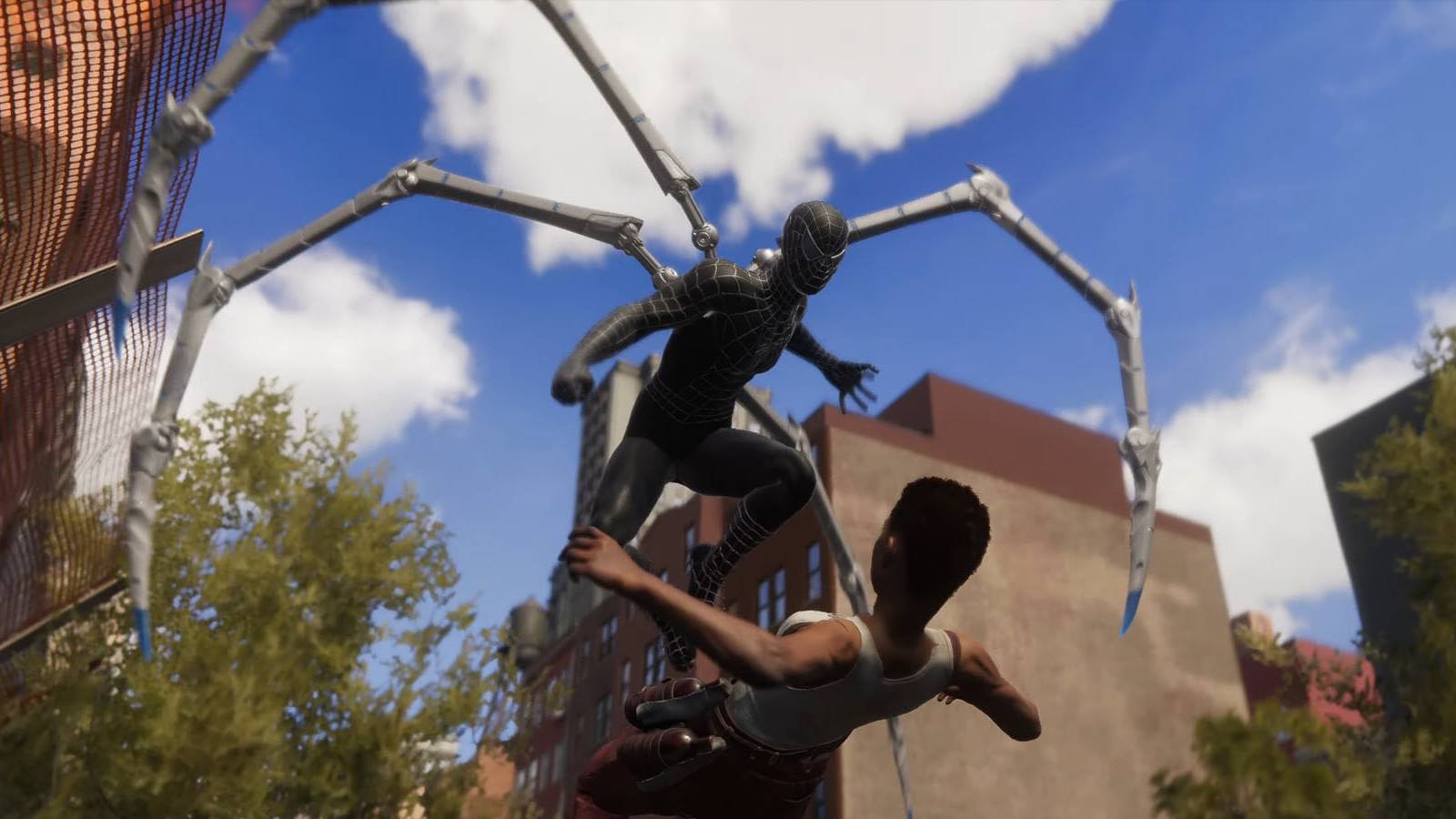 A screenshot of Peter Parker in the black Spider-Man 3 suit in Marvel's Spider-Man 2.