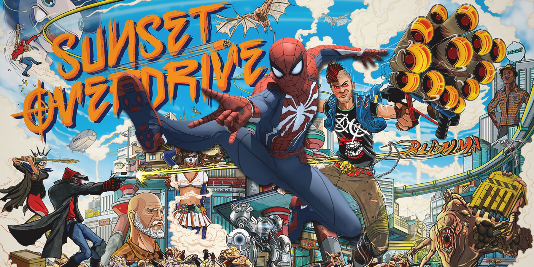 Marvel's Spider-Man over Sunset Overdrive cover artwork
