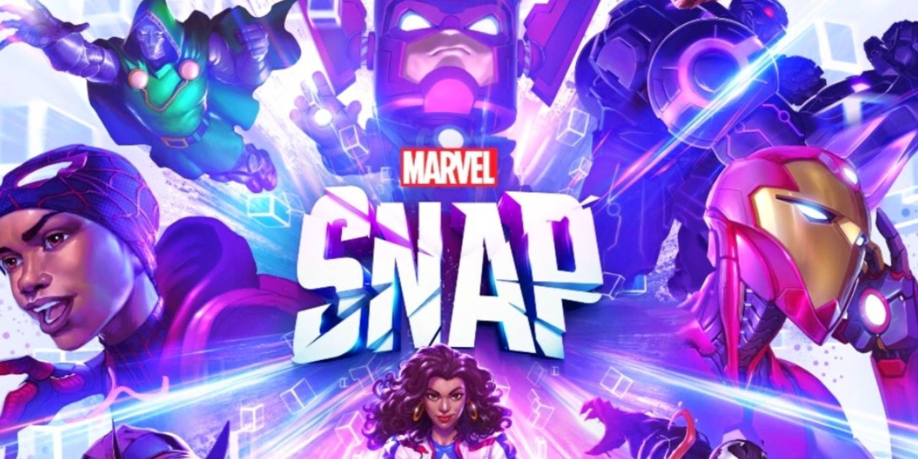 Promotional art for Marvel SNAP featuring the logo with several heroes and villains