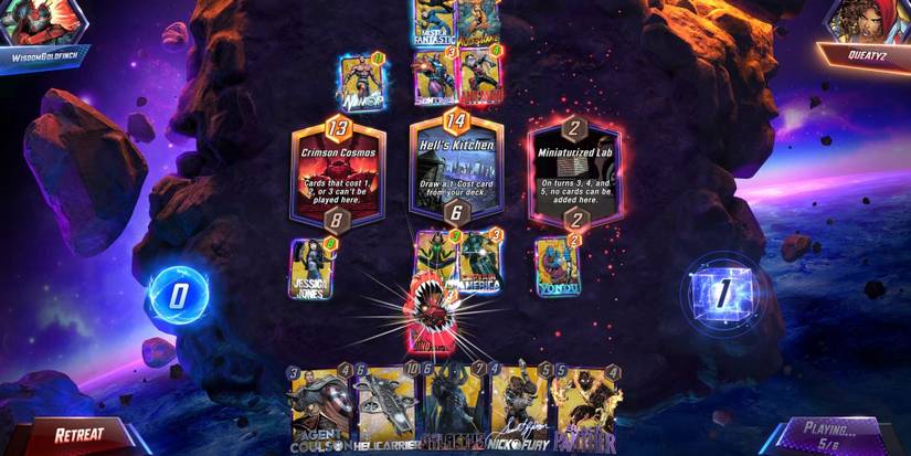 A Marvel Snap battle between two people with locations like Crimson Cosmos, Hell's Kitchen, and Miniaturized Lab in play