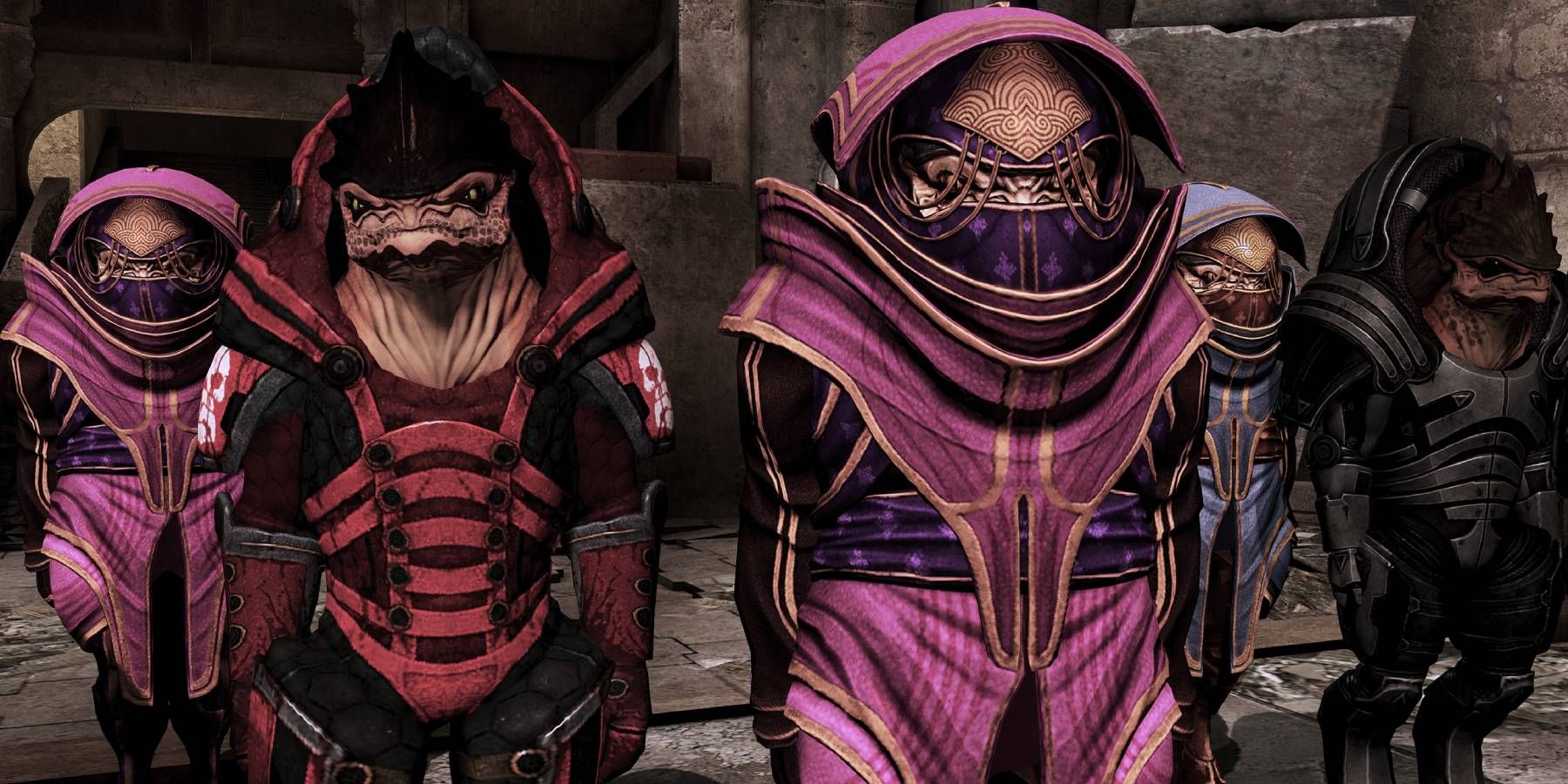 Gathered male and female Krogans from Mass Effect