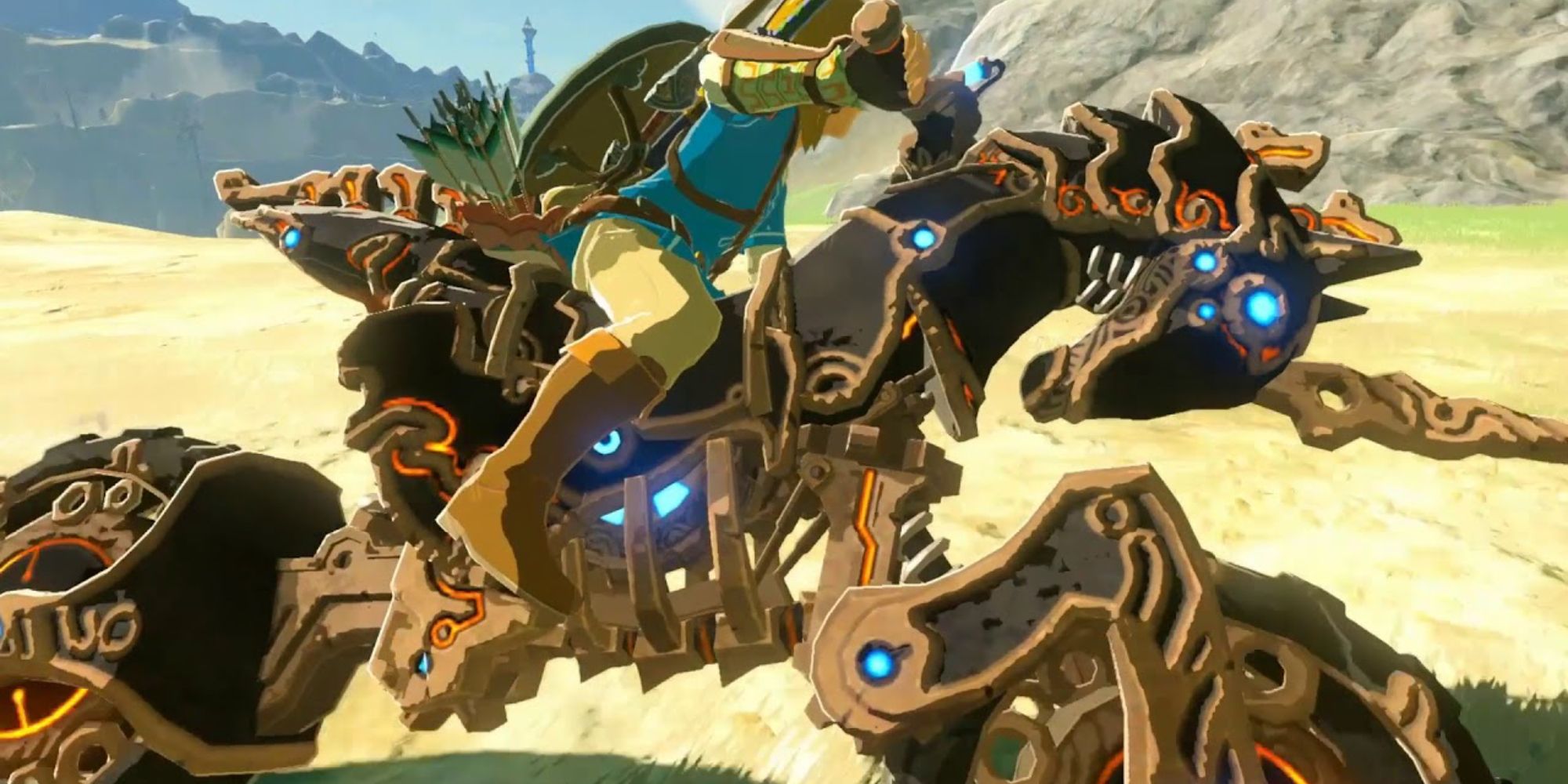 Link riding the Master Cycle Zero in BOTW