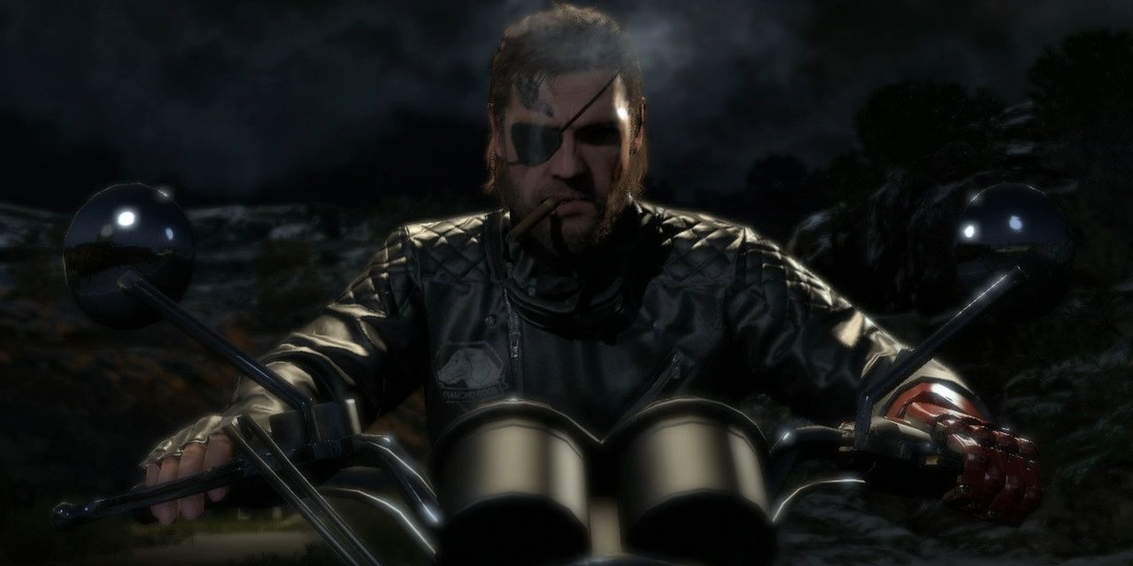 Big Boss riding a motorcycle while smoking a cigar in Metal Gear Solid 5: The Phantom Pain