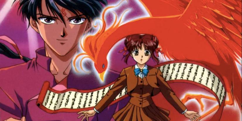 a girl with reddish brown hair stands in from of a scroll, a Phoenix, and a man with a mark on his forehead