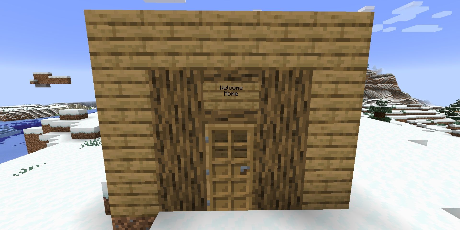 A wooden shelter that has a sign that says "Welcome Home" in Minecraft