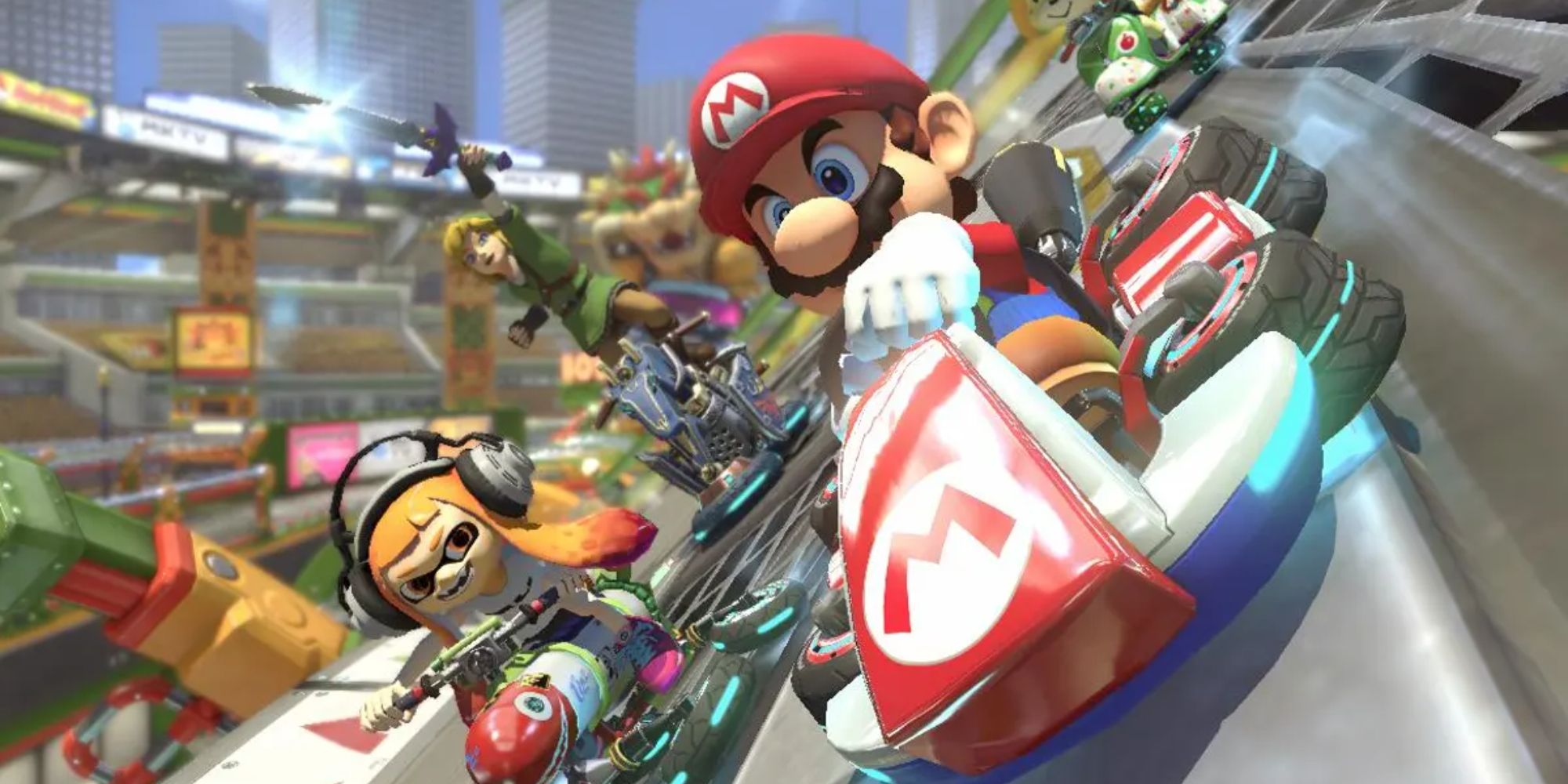 Inkling, Link, Bowser, Mario, and Isabelle racing