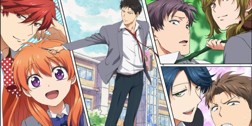 Nozaki, holding a pen, stands in the middle of six friends