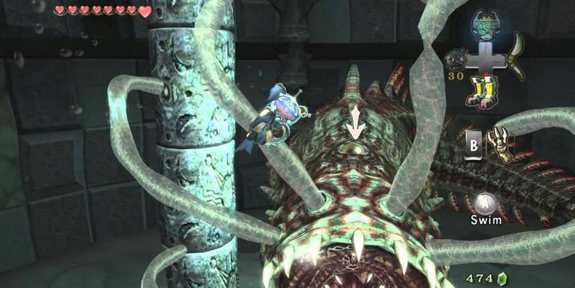 Link locking onto the eye of Morpheel in the depths of the Lakebed Temple.