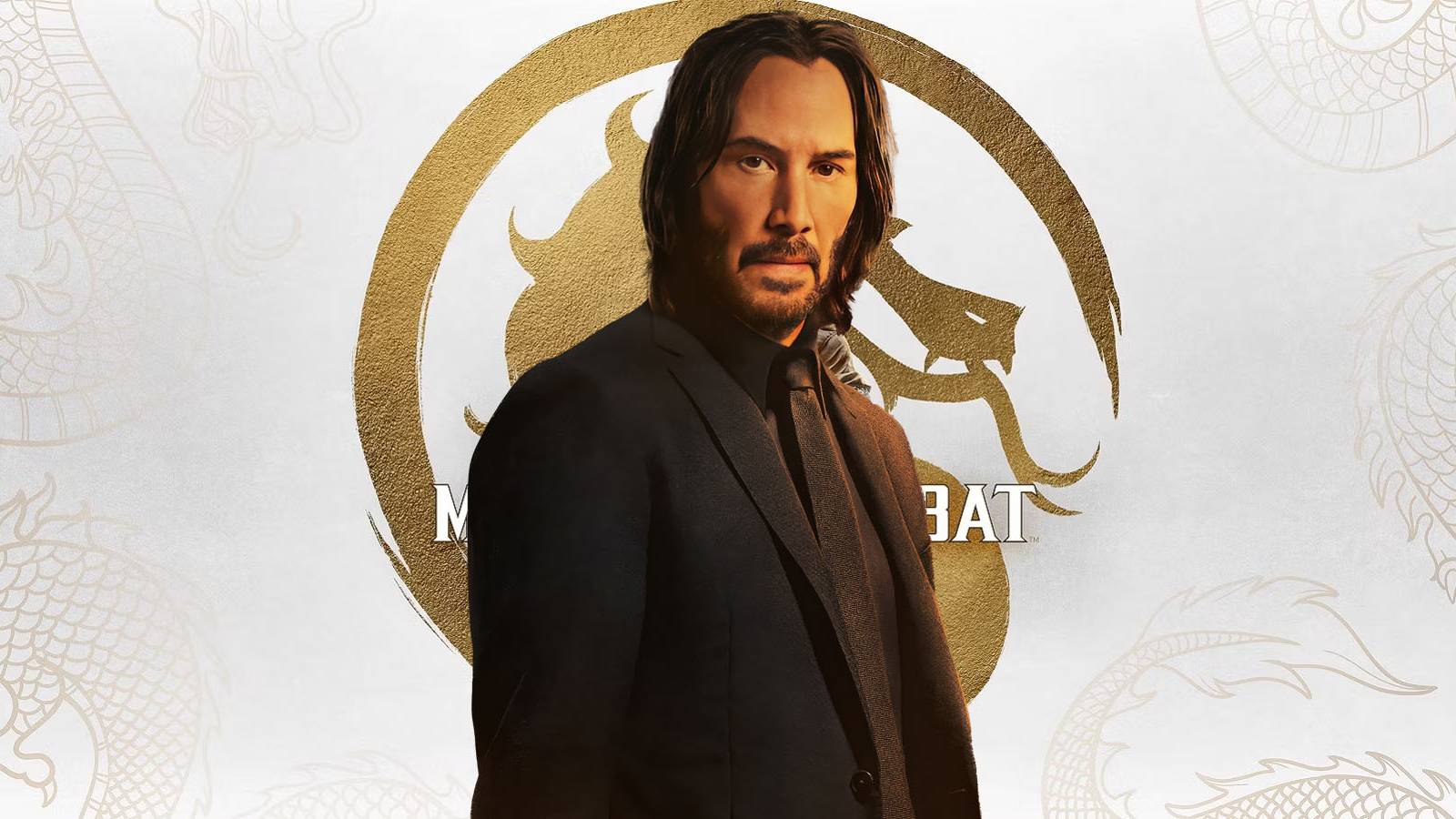 A promotional image of a golden Mortal Kombat 1 logo with Keanu Reeves from John Wick 4 inserted in front of it.