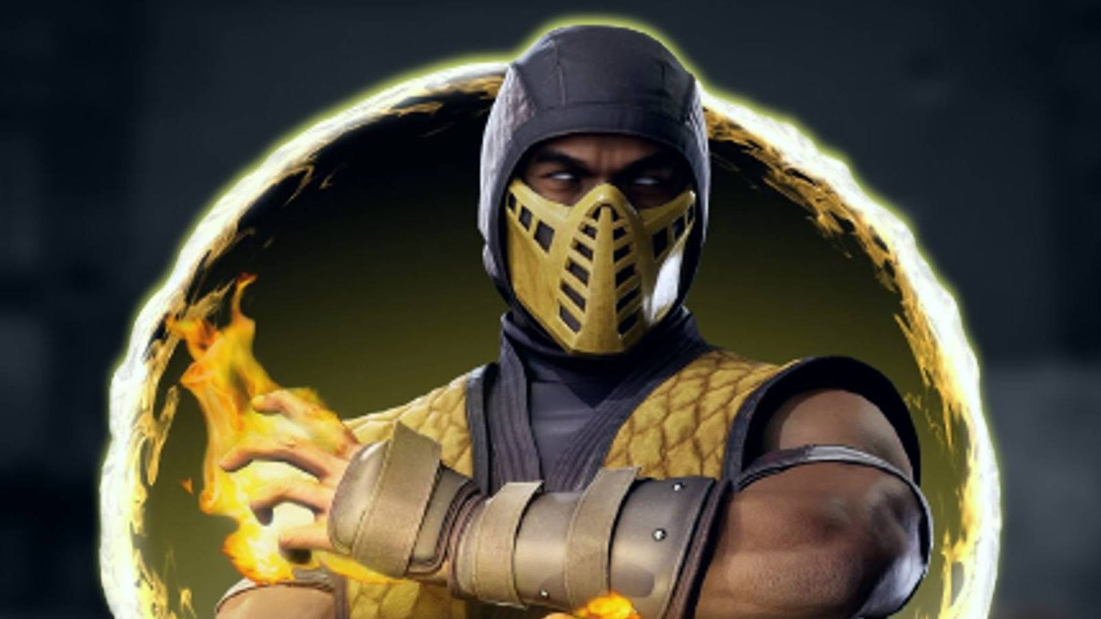 A promotional image of Scorpion in his classic yellow Kameo costume in Mortal Kombat 1.