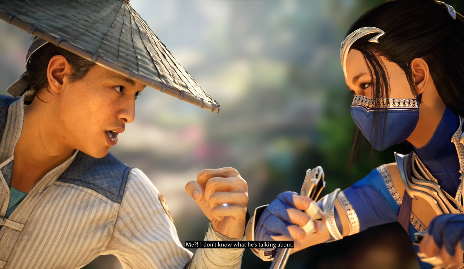 Raiden (left) Vs. Kitana (right) speaking before a fight