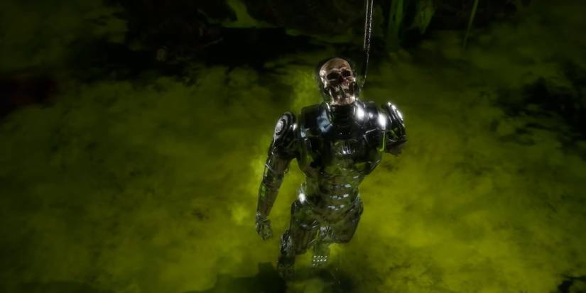 Robocop's acid-melted body hanging from a hook and a pool of acid