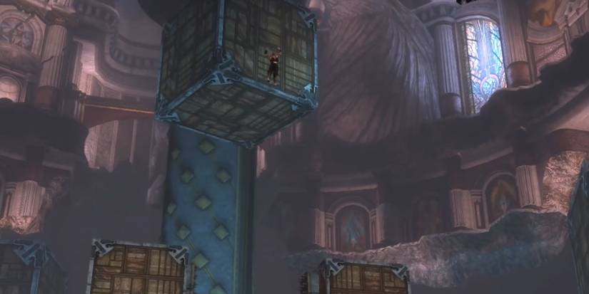 Shang Tsung falling to his demise towards a large machine in a temple