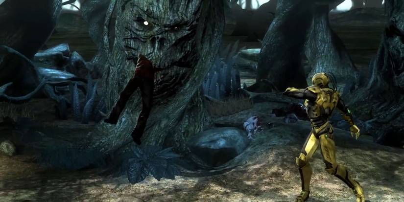 Cyrax throwing Freddy Krueger into a tree's mouth in a haunted forest