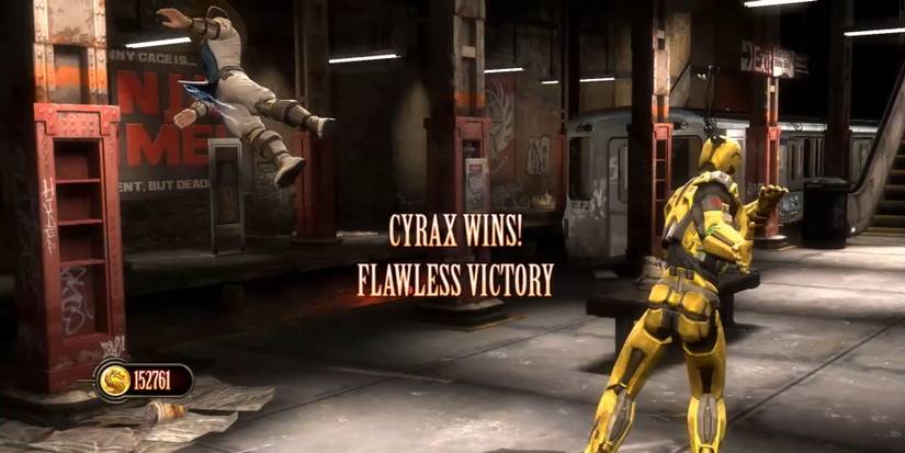 Cyrax throwing Raiden into a moving train in a subway