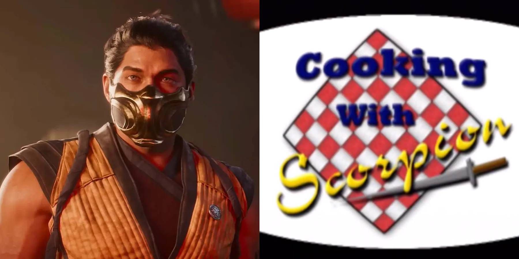 Scorpion from Mortal Kombat 1 with the Cooking With Scorpion logo