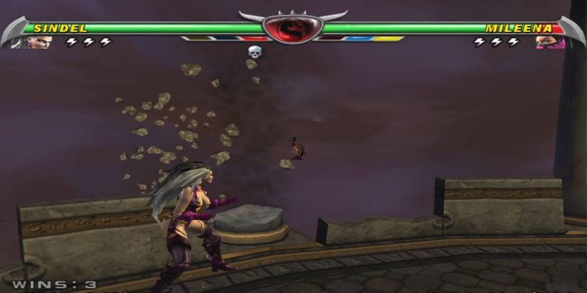 Sindel watching Mileena as she falls into a thick fog while rock fragments scatter