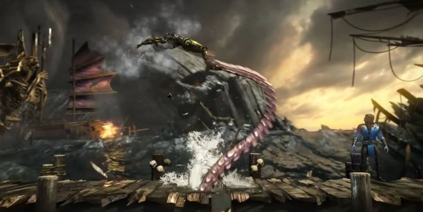 Sub-Zero watching Cyrax get pulled by a tentacle in a stormy docks