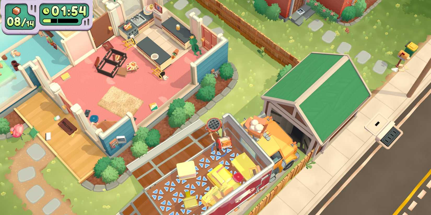 The player, who is a toaster, carrying a grill out of a moving truck in Moving Out 2
