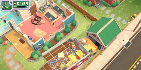 The player, who is a toaster, carrying a grill out of a moving truck in Moving Out 2