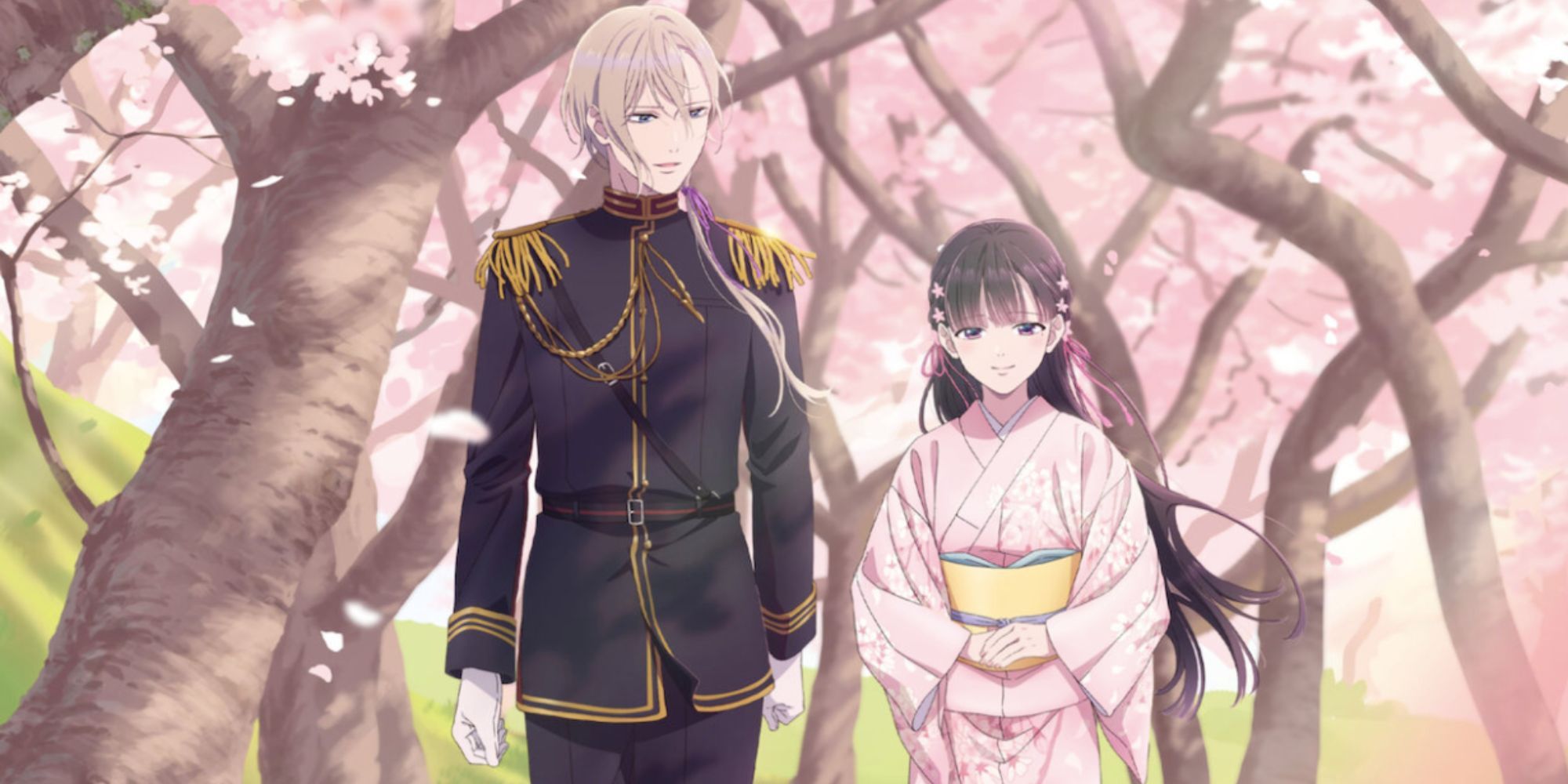 Miyou Saimori y Kiyoka Kuduo están uno al lado del otro con árboles con flores rosas al fondo.
