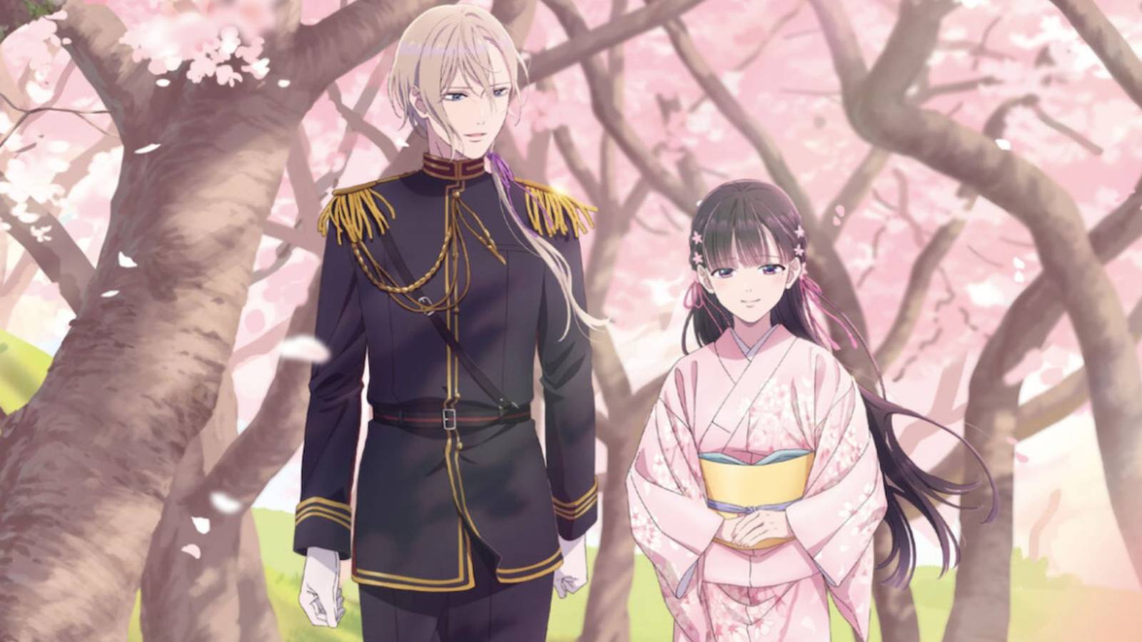 Miyou Saimori and Kiyoka Kuduo stand next to each other with trees with pink flowers in the background
