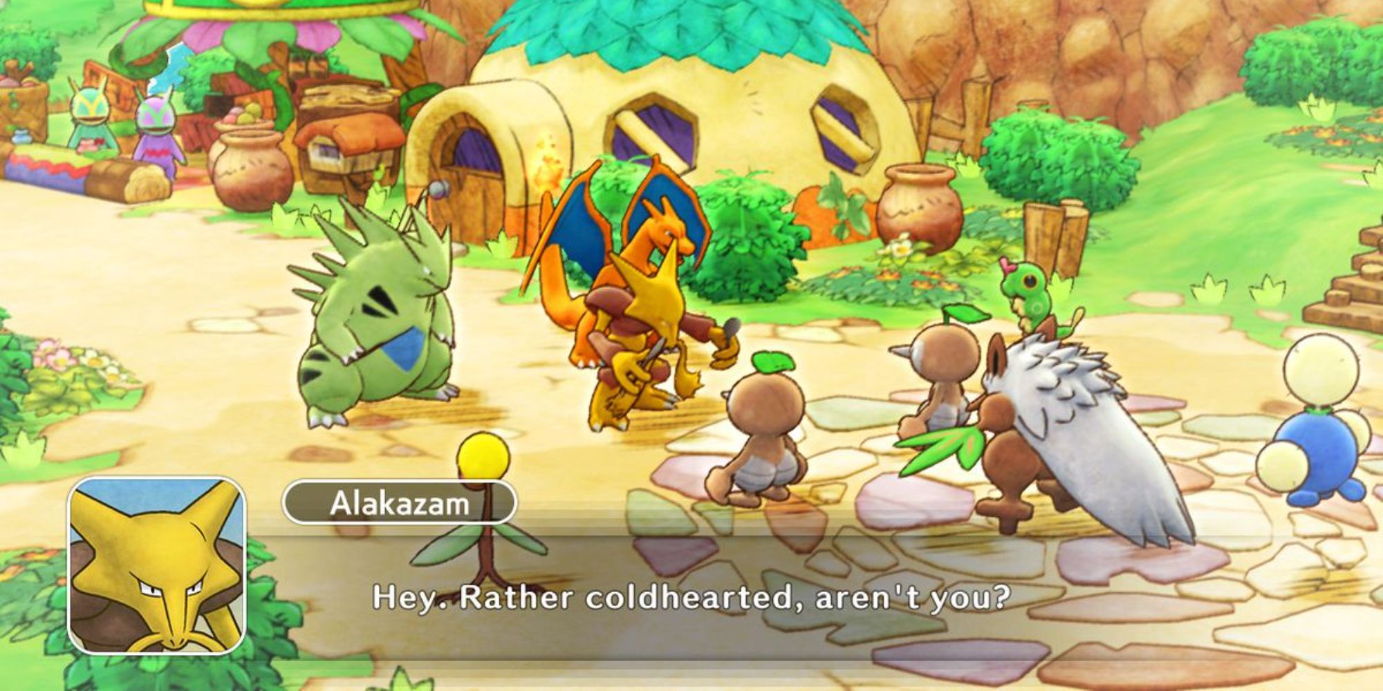 Shiftry's party confronting Tyranitar, Alakazam, and Charizard in Mystery Dungeon