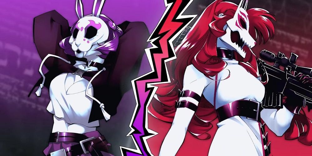 Still shot of Neon Violet and Neon Red from the game Neon White