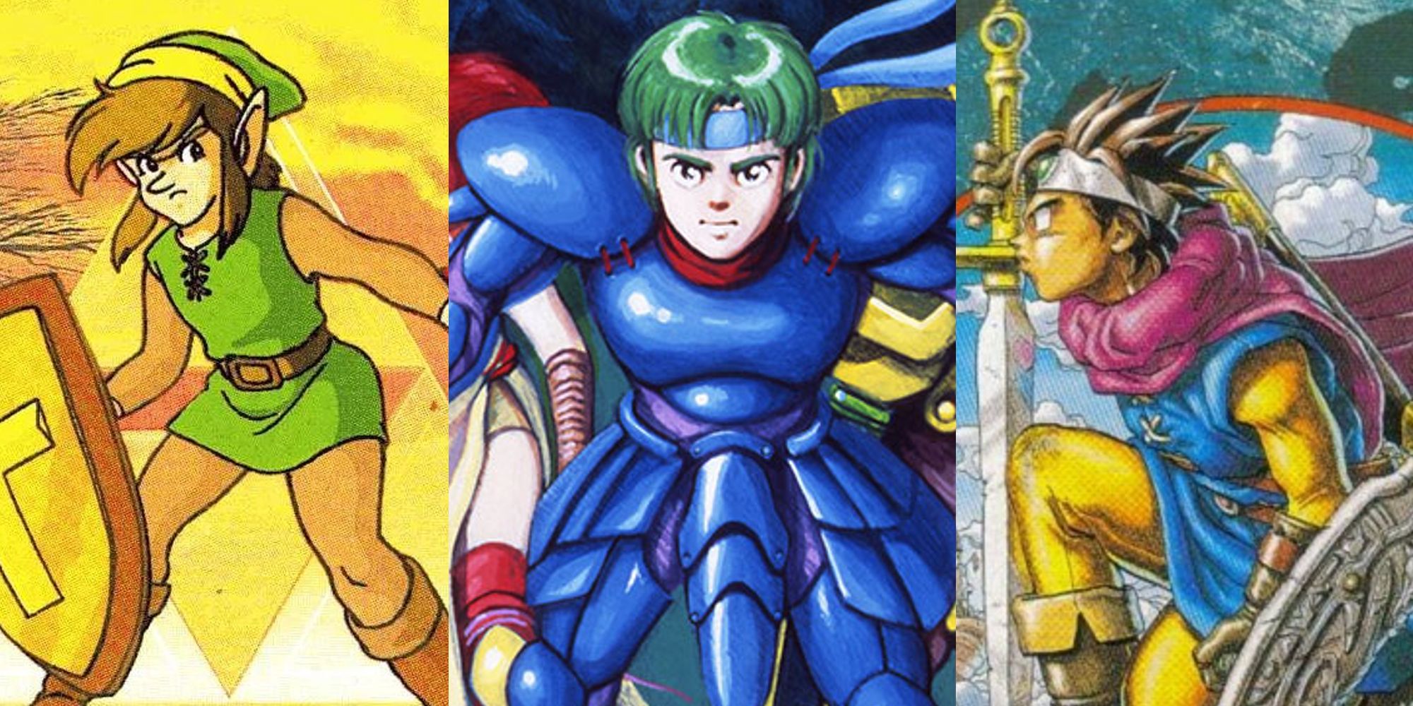 Link with sword and shield; Alm in blue armor; Erdrick kneeling