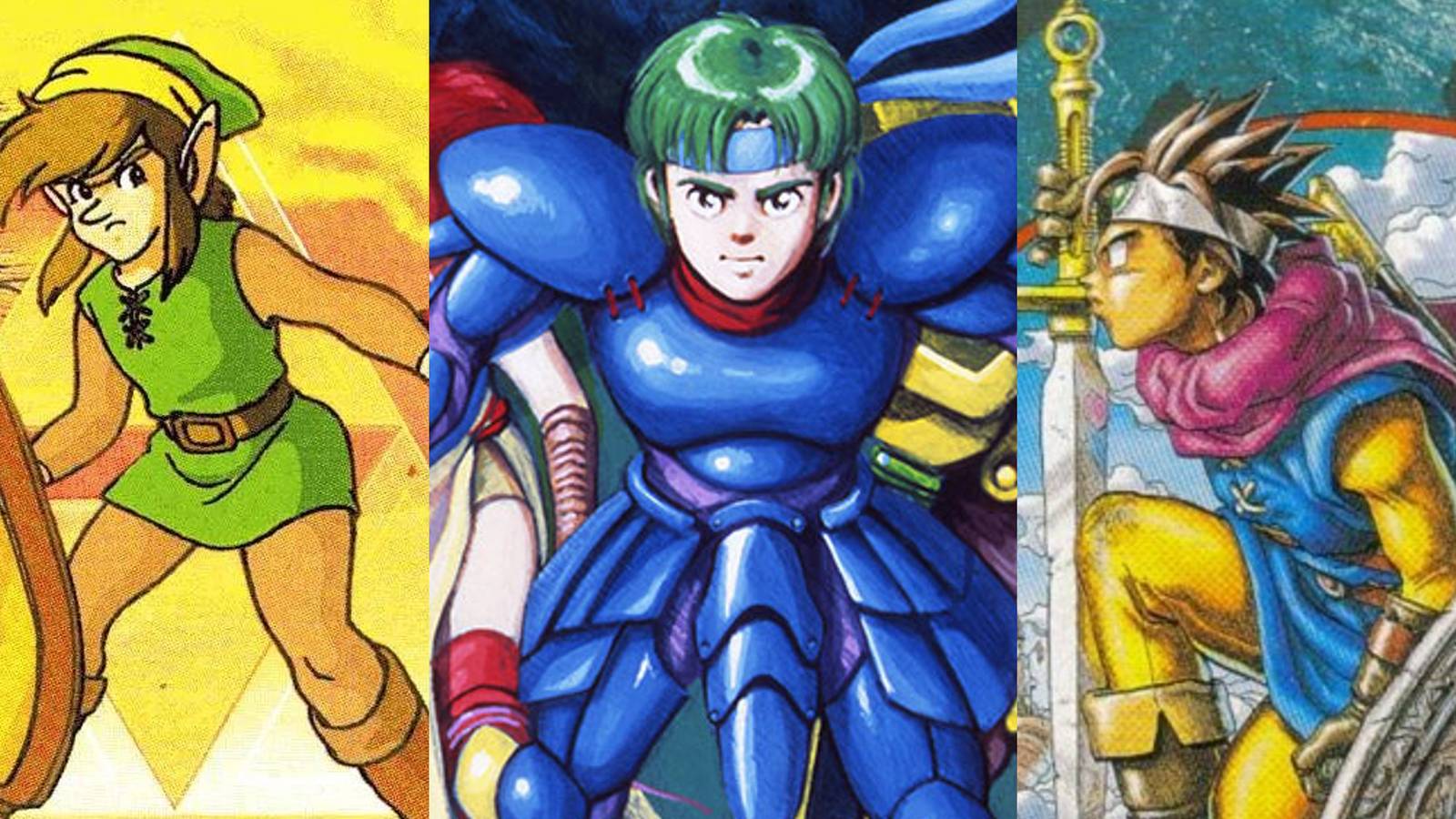 Link with sword and shield; Alm in blue armor; Erdrick kneeling