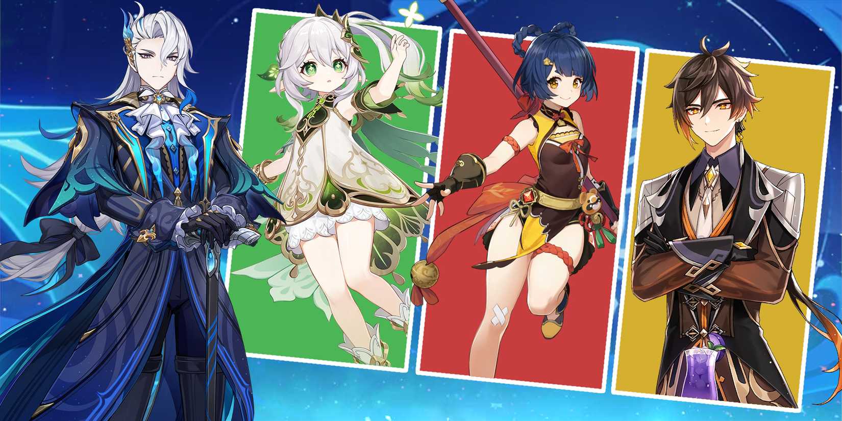 neuvillette-nahida-xiangling-and zhongli team composition