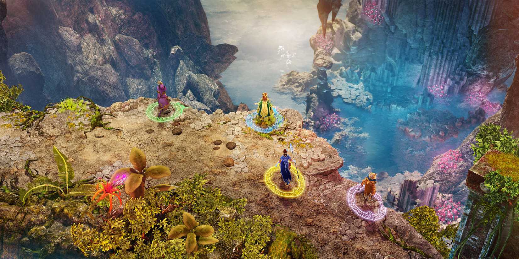 Four characters standing upon a cliff edge. 