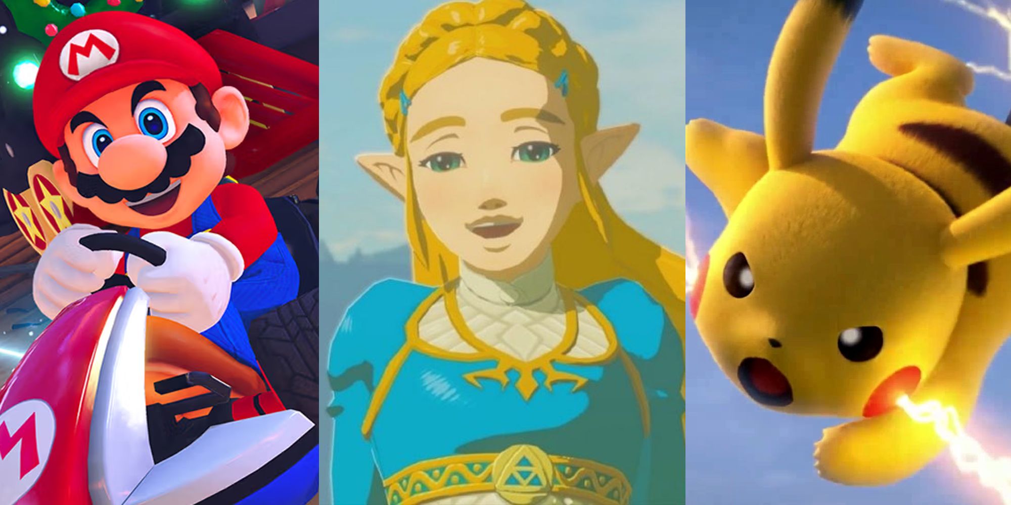 Mario racing in a kart; Princess Zelda smiling; Pikachu attacking in mid-air