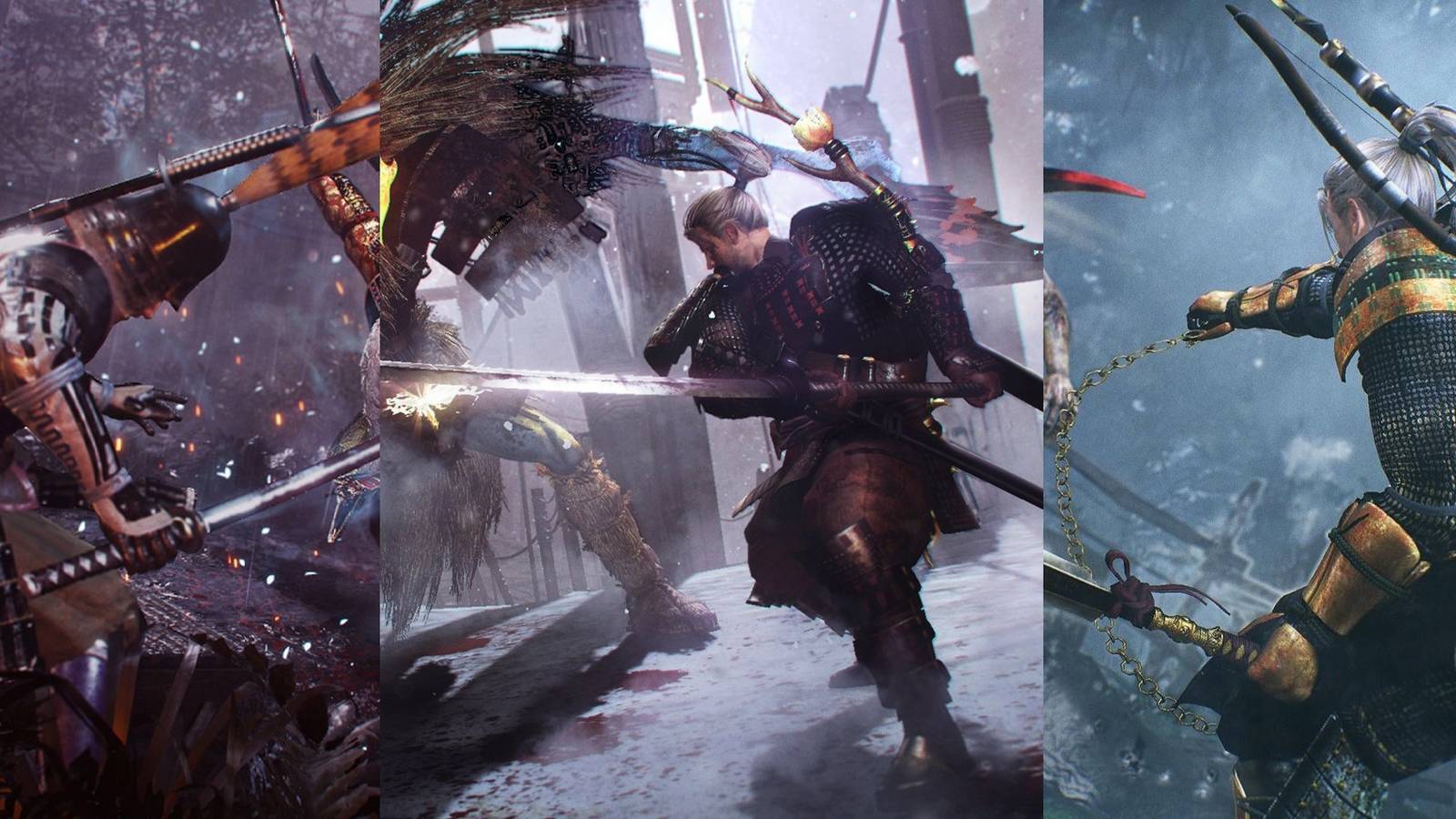 Multiple characters with various weapons each prepare for attack.