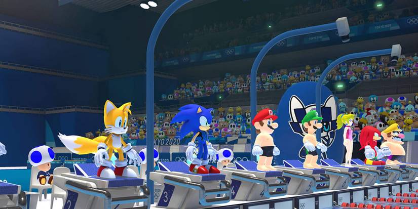 Mario and Sonic at the Olympic Games swimming event, with Tails, Sonic, Mario, Luigi, Peach, Knuckles and Wario ready to swim
