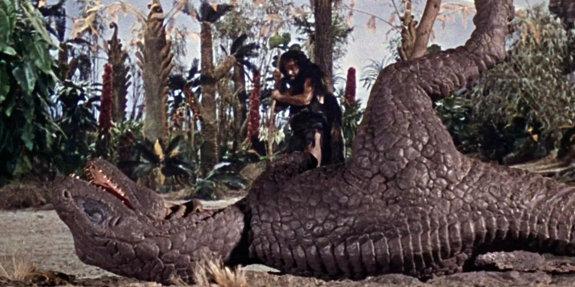 A caveman fights a dinosaur in One Million Years B.C.