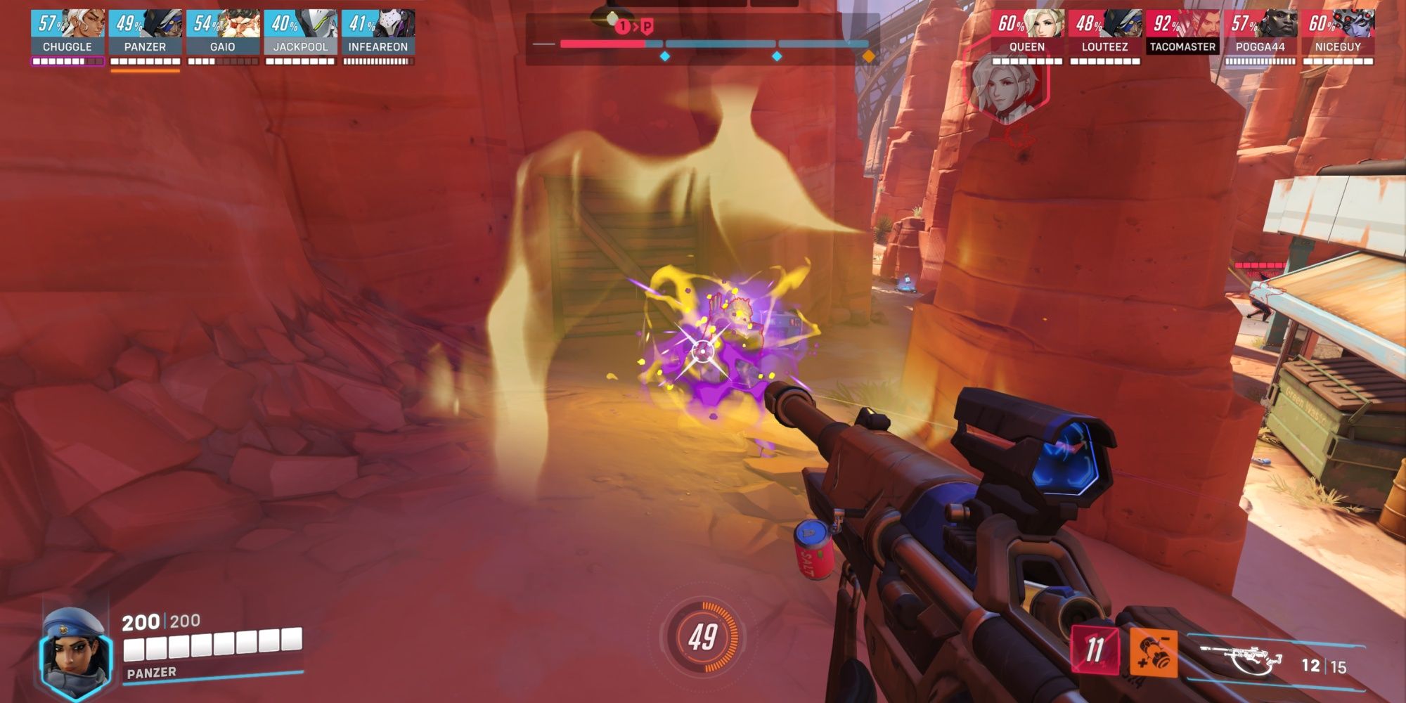 Overwatch 2 Biotic Grenade lays Hanzo out and eliminates him on Route 66.