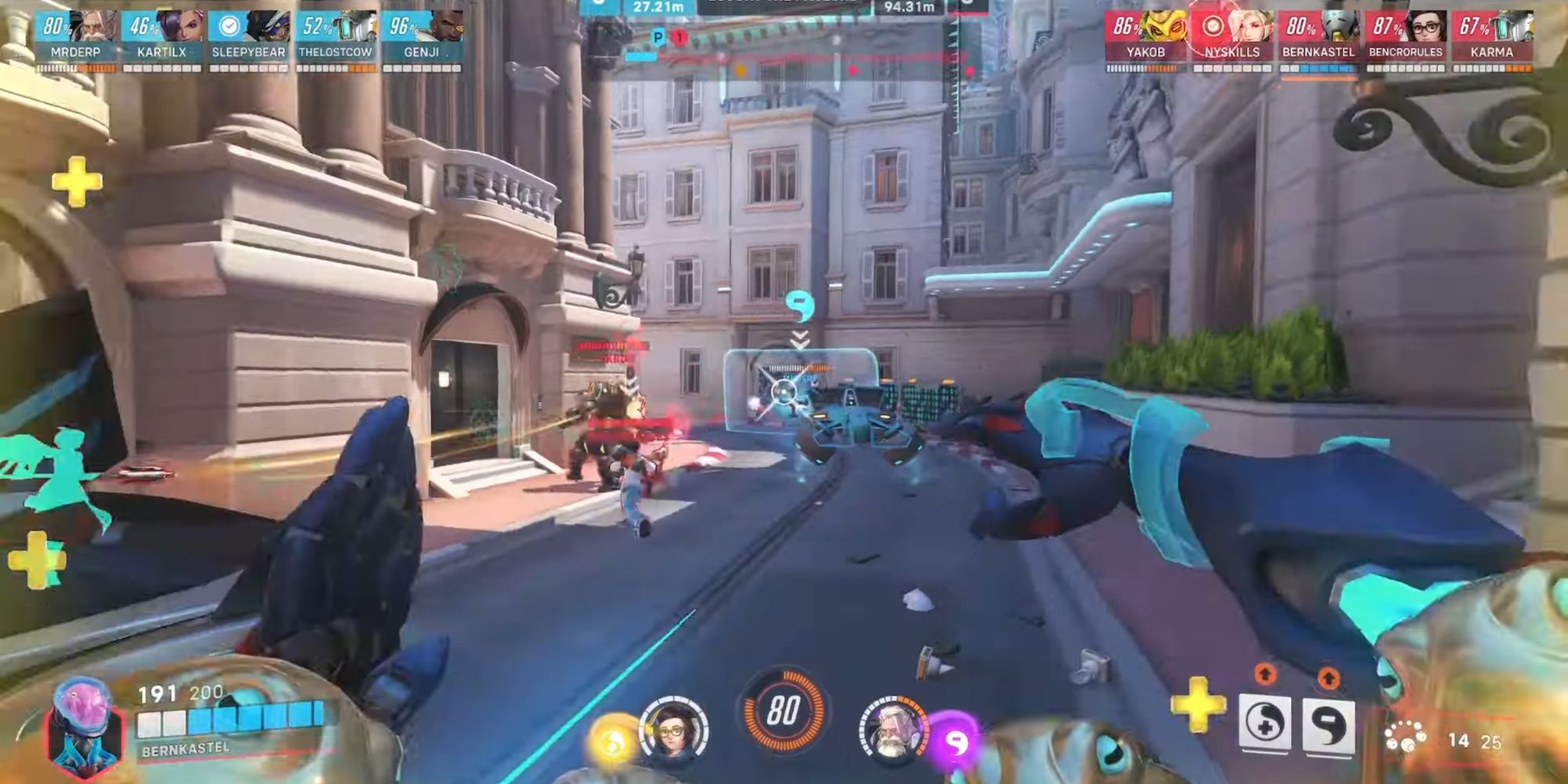 Overwatch 2 Discord Orb placed on an enemy Reinhardt as Zenyatta snipes from afar.