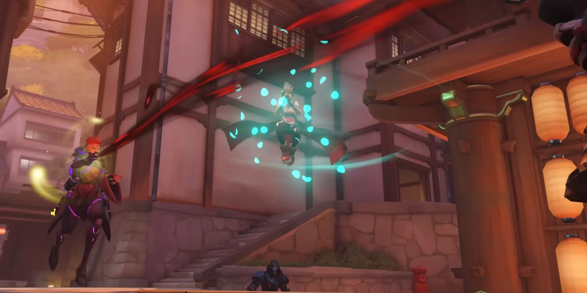 Overwatch 2 Swift Step ability carries Kiriko into battle alongside Reaper and Moira.