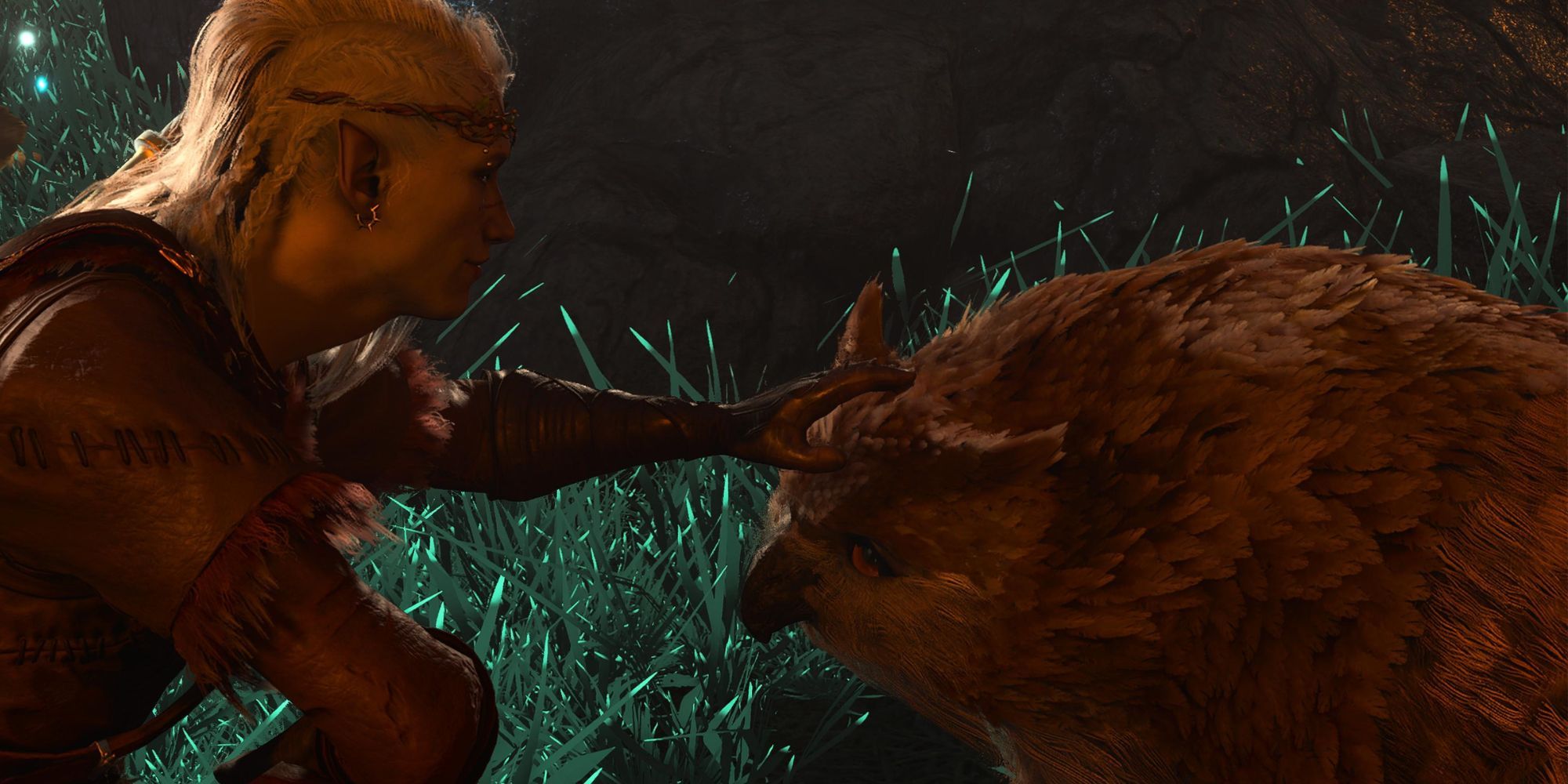 The Dark Urge petting an Owl Bear cub in Baldur's Gate 3