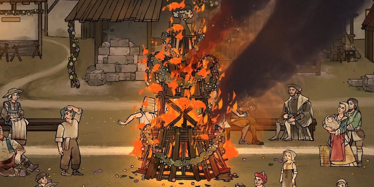 An image of Characters gathered round a burning statue in Pentinent