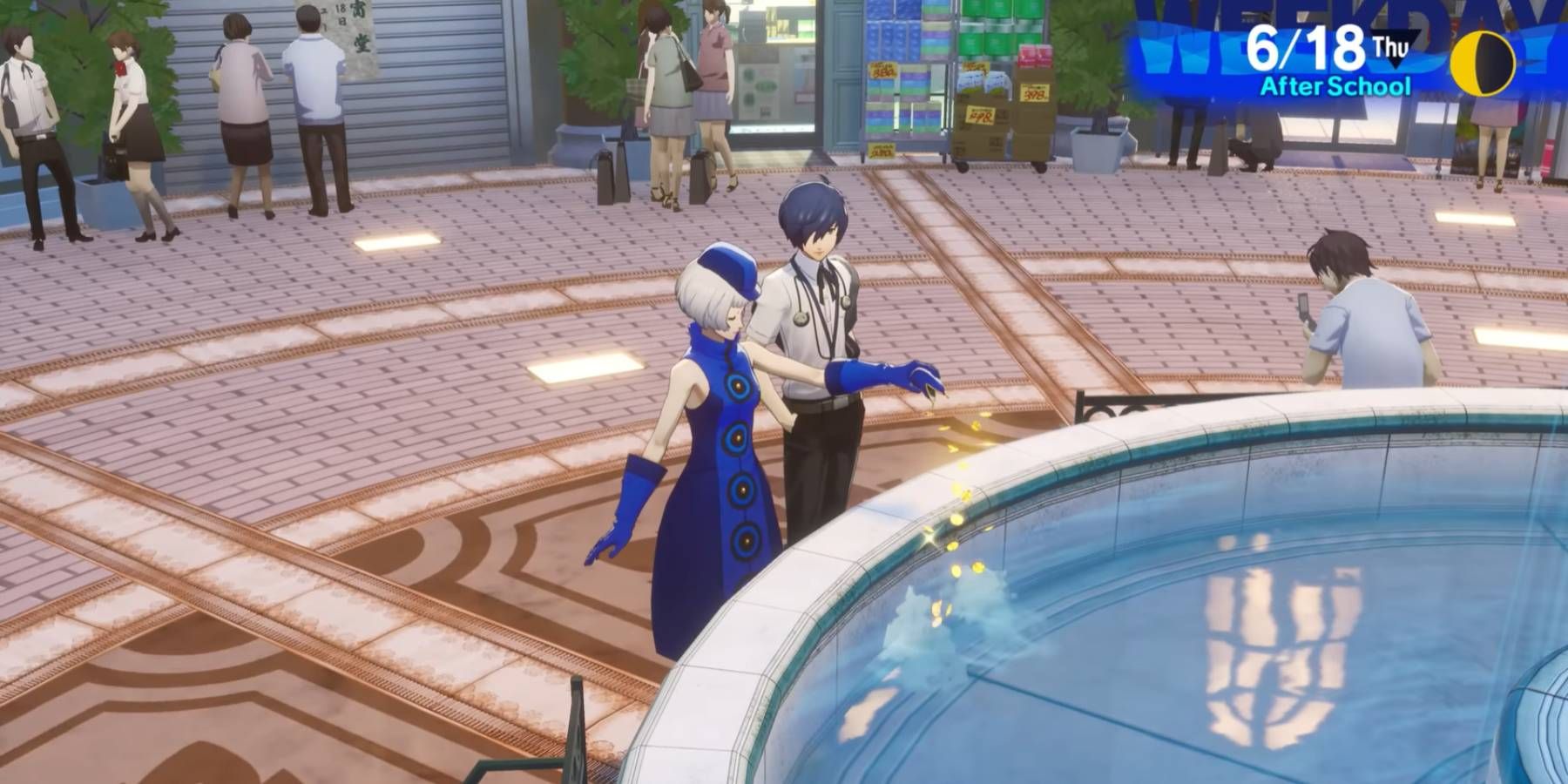 Elizabeth met des pièces dans une fontaine dans Persona 3 Reload